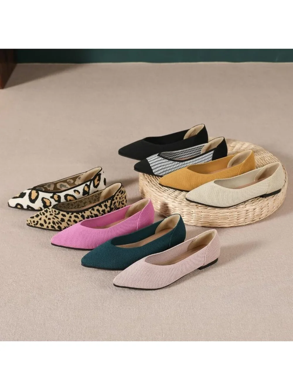 Women's Green Ballet Flats Pointed Toe Comfortable Knit Slip Casual Shoes